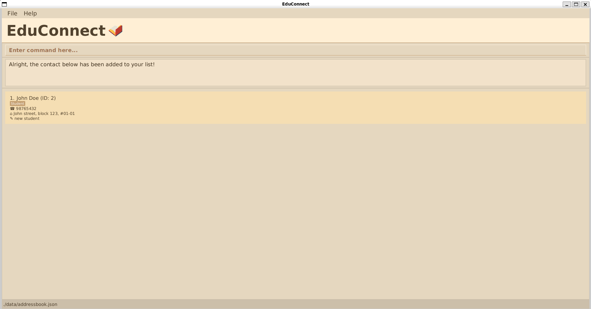 result for 'add n/John Doe t/Student p/98765432 a/John street, block 123, #01-01 r/new student'